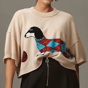 NWT Anthropologie Cashmere Dachshund Sweater 3X Argyle Oatmeal Weiner Dog
